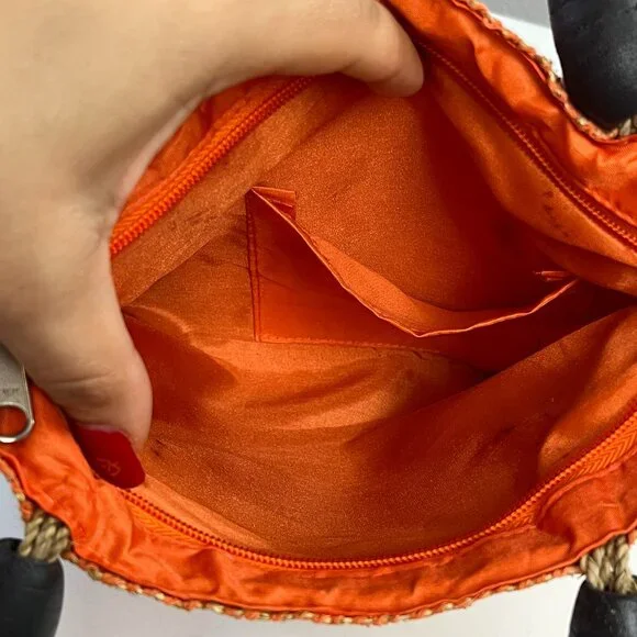 Orange Brown Natural Woven Wood Purse Tote Shoulder Bag Zip Closure - Picture 9 of 16